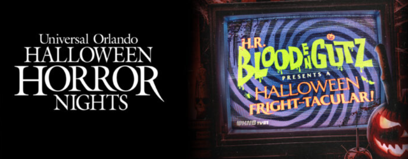 The image showcases promotional material for the Halloween Horror Nights event at Universal Orlando. It features colorful graphics highlighting the theme 'H.R. Bloodengutz presents a Halloween Fright-Tacular!' alongside the official Universal Orlando logo.