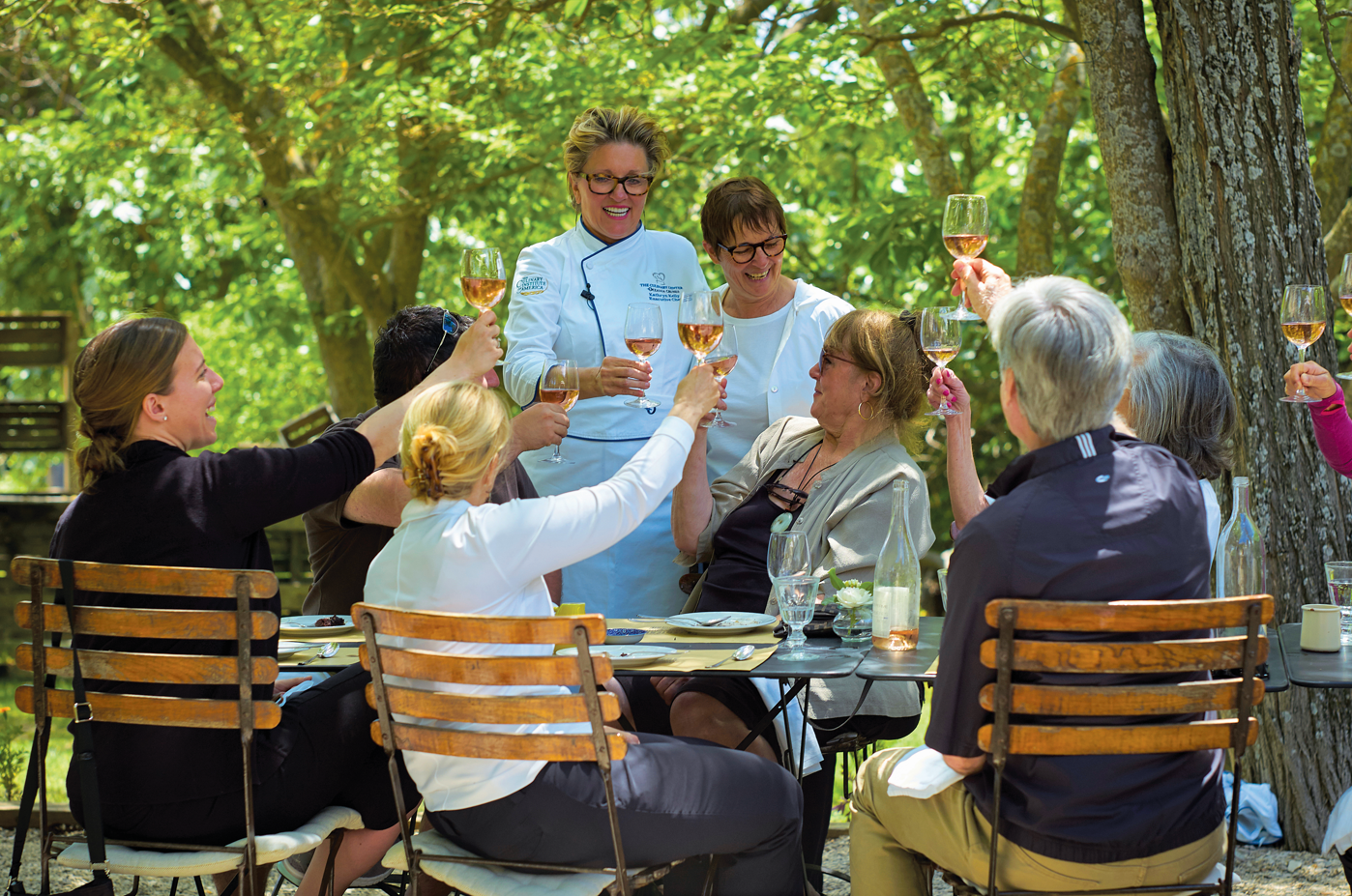 A group of women gathered around an outdoor table, enjoying a celebratory toast with glasses of rosé wine. They are seated in a lush, green setting, indicating a social gathering or event.