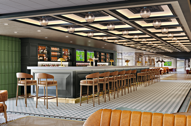 The image depicts a stylish and modern bar interior, featuring a long bar counter with a variety of liquor bottles displayed on shelves behind it. Comfortable seating and decorative lighting create an inviting atmosphere.