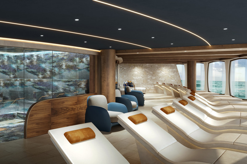 The image depicts a modern and luxurious relaxation area on a cruise ship, featuring comfortable lounge chairs arranged in a spacious interior. Large windows showcase an ocean view, while the design incorporates soft lighting and natural materials.