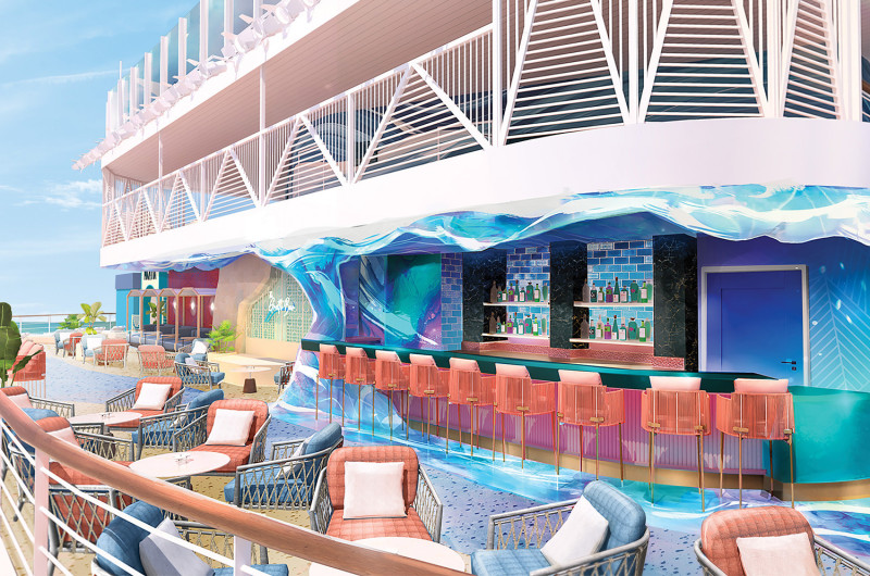 The image showcases a modern and colorful bar area on a cruise ship, featuring vibrant decor and seating arrangements. The space includes a stylish bar counter with a variety of beverage options displayed on shelves behind it.