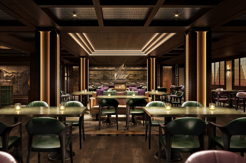 The image depicts an elegant restaurant interior featuring wooden paneling, soft lighting, and a warm color palette. The setting includes several tables with green chairs, creating a cozy yet upscale ambiance.