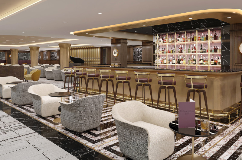 The image showcases a luxurious bar area, featuring elegant seating and a well-stocked liquor display. The modern design includes plush chairs, a sophisticated counter, and ambient lighting, contributing to an upscale atmosphere.