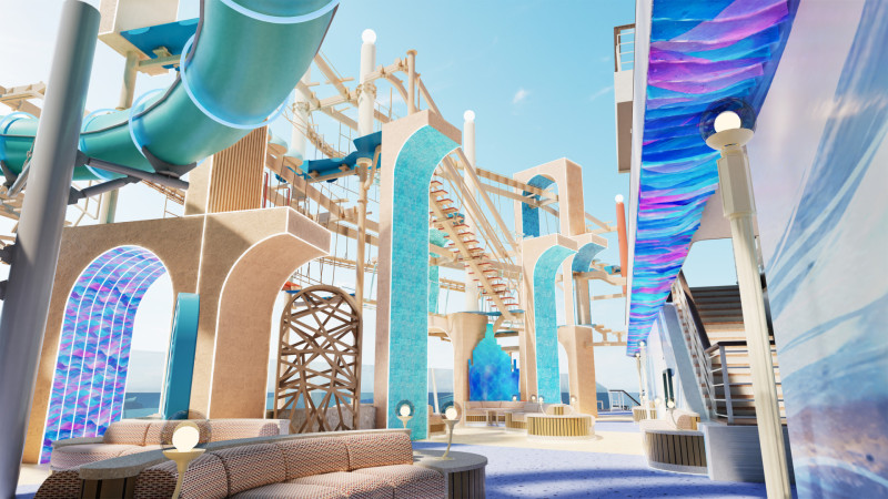 The image depicts a vibrant water park area aboard a cruise ship, featuring multiple water slides, colorful structures, and seating areas. The setting is bright and airy, suggesting a fun and relaxed atmosphere for guests.