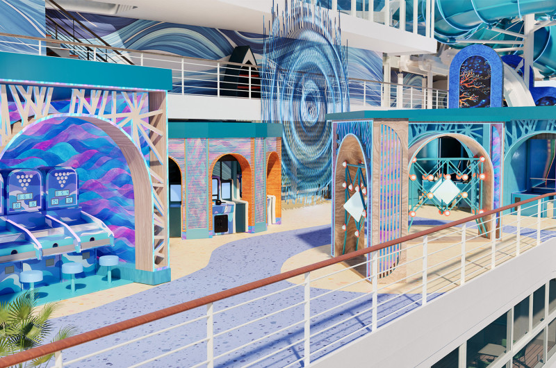 The image depicts a vibrant and colorful interior of a cruise ship, showcasing a unique design with artistic elements. Various themed areas are visible, including game stations and decorative arches, contributing to a lively atmosphere.