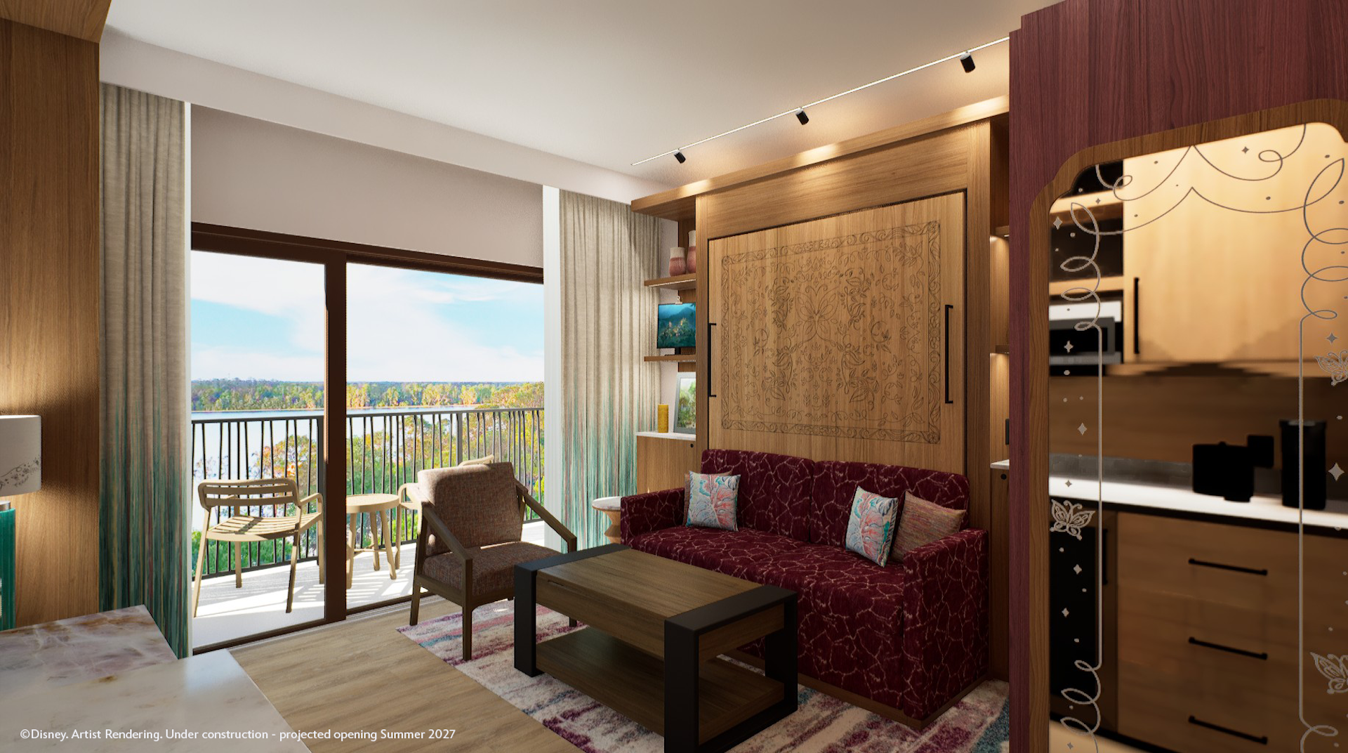The image depicts an interior rendering of a lodge guest room featuring modern furnishings. Large windows allow for natural light and offer a view of the outdoors, enhancing the space with a connection to nature.