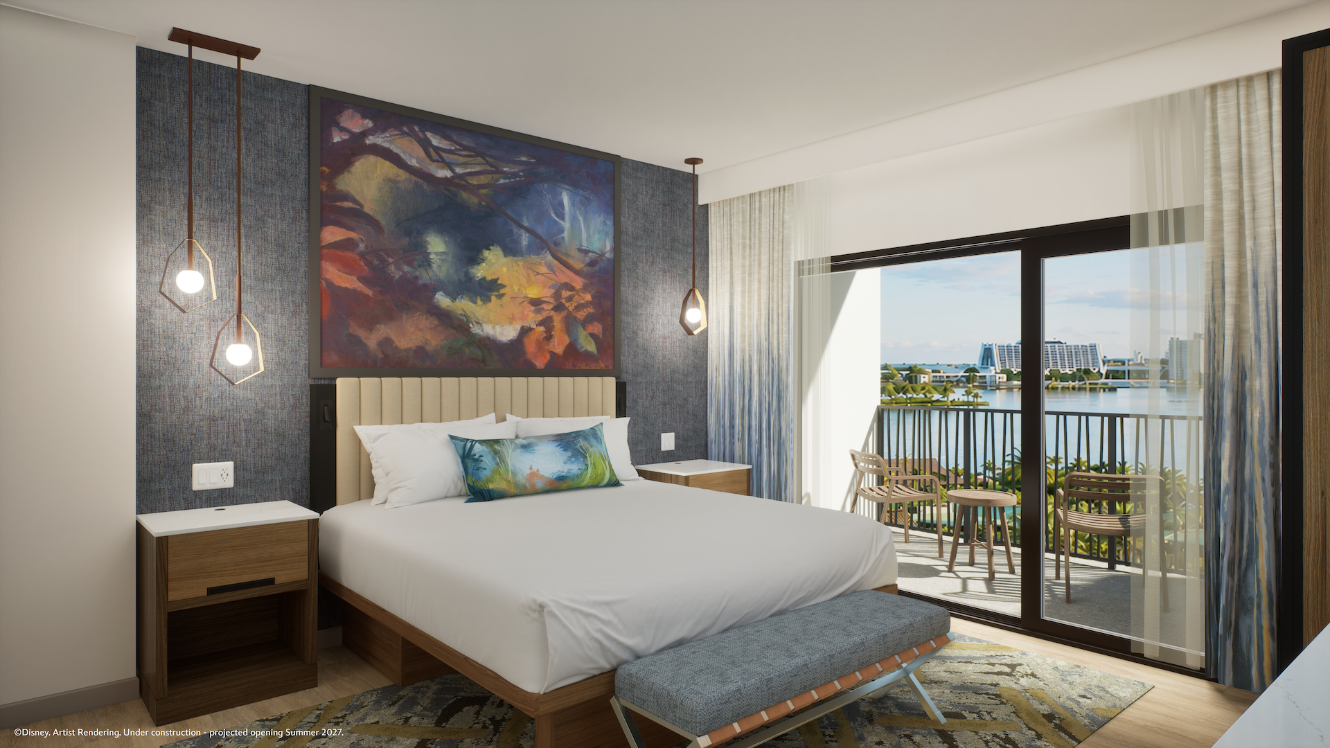 The image showcases a modern hotel room featuring a large bed with decorative pillows and contemporary furnishings. A vibrant piece of artwork is displayed above the bed, and the room offers a view of a lakeshore through a glass door that leads to a balcony.