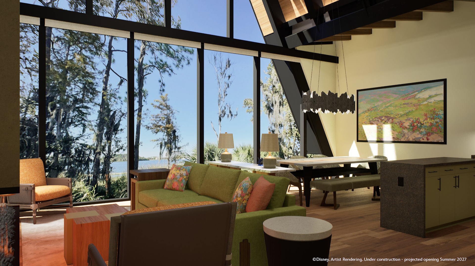 The image depicts a modern lodge interior featuring large windows with views of trees and water. The design includes a cozy seating area with colorful cushions, a wooden dining table, and contemporary lighting fixtures.