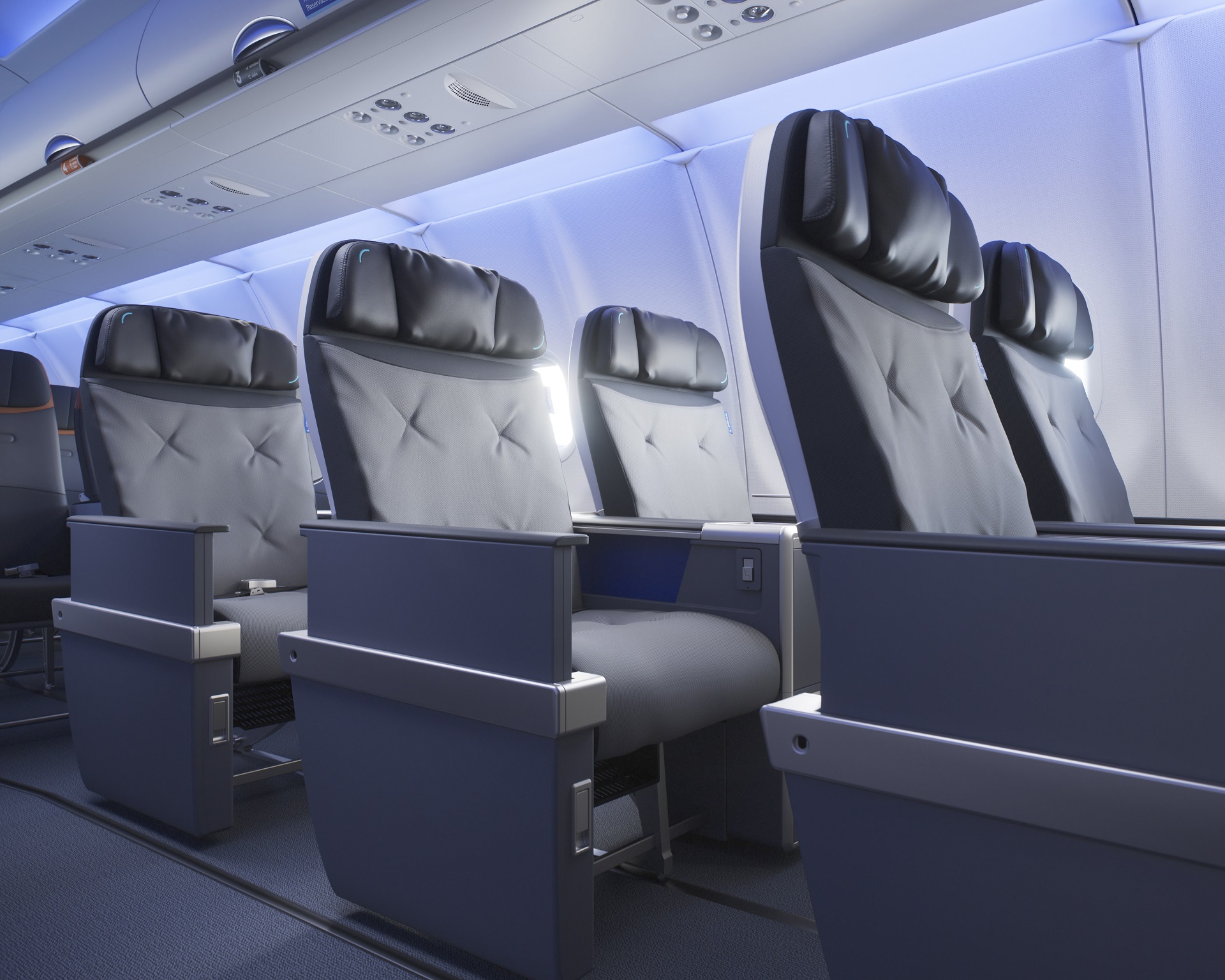 The image depicts a row of premium seats inside an aircraft cabin, featuring black leather upholstery and modern design elements. Soft blue ambient lighting enhances the travel atmosphere, suggesting a focus on comfort and luxury.