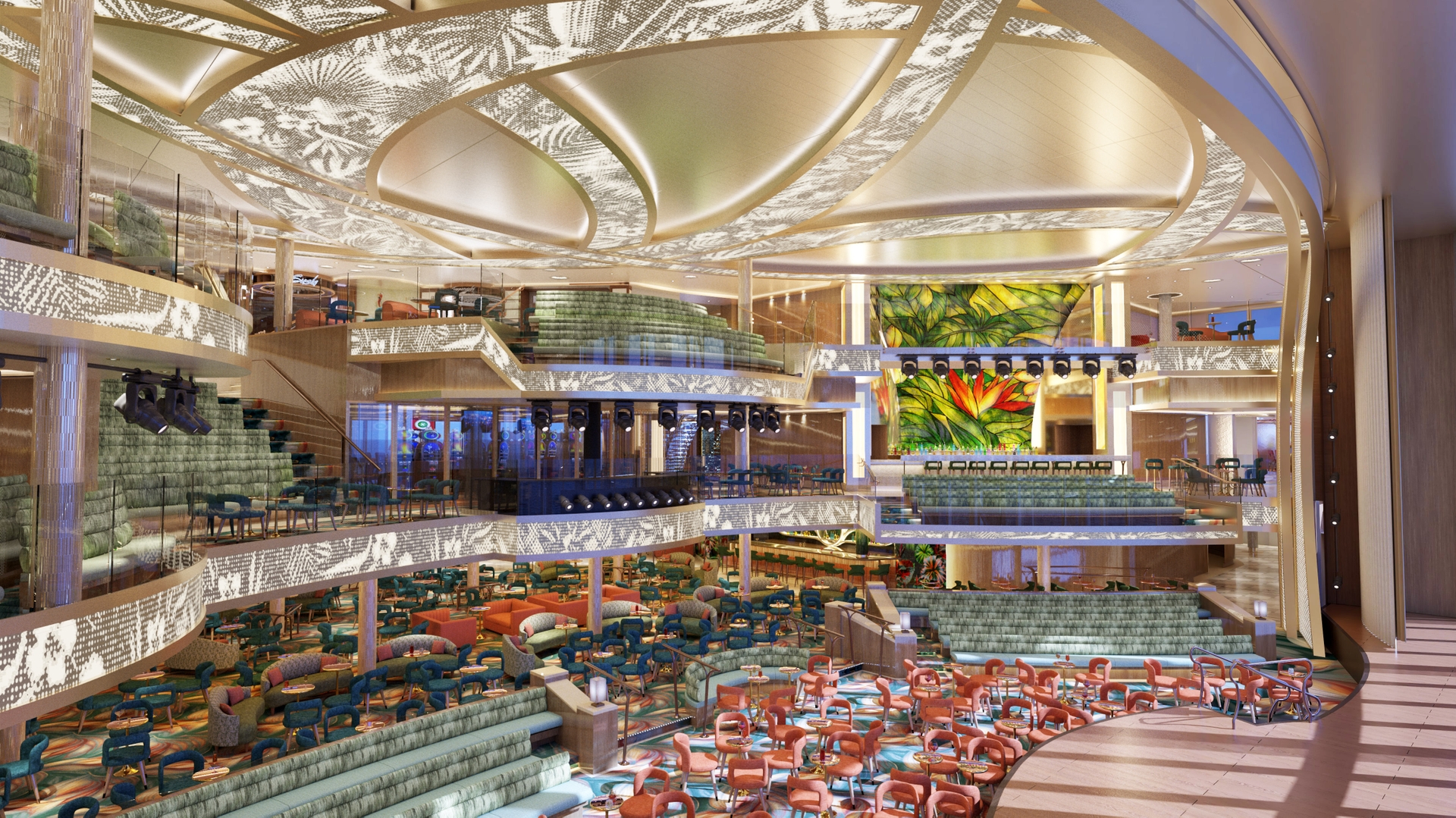 The image features an interior view of a grand central atrium on a cruise ship. The design showcases vibrant tropical decor with tiered seating and lush plant motifs, creating an inviting ambiance.