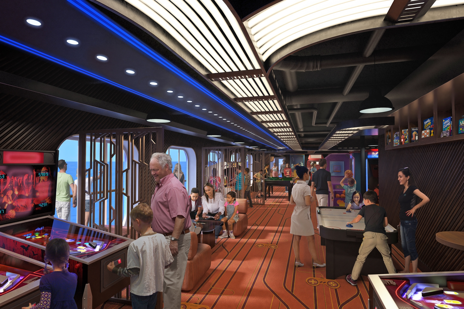 The image features a vibrant arcade space, showcasing several retro-style gaming machines and pinball machines. Families and friends are engaged in various games, highlighting a lively and nostalgic atmosphere.