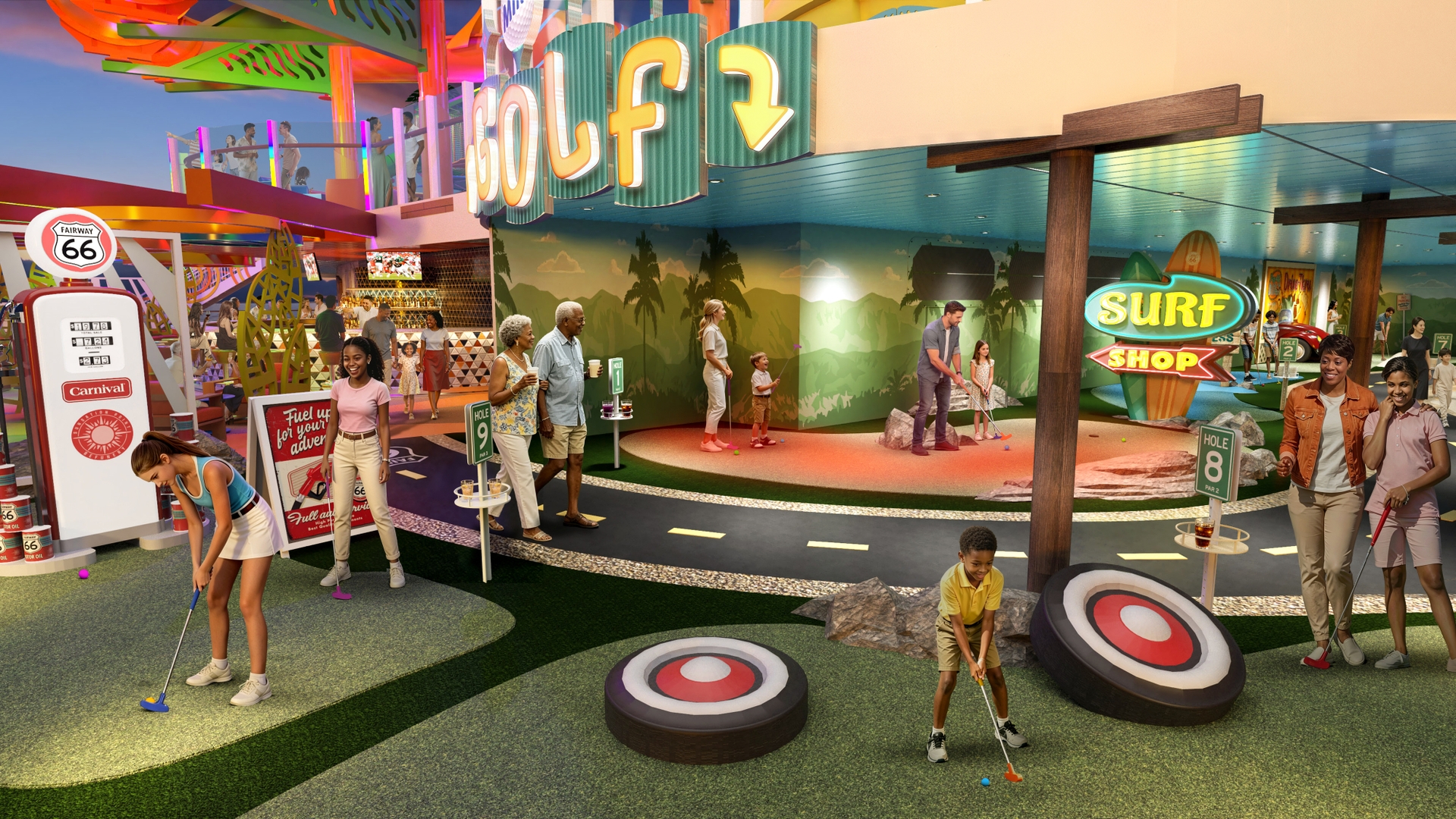 The image depicts a vibrant indoor mini-golf course designed to resemble a tropical carnival. Families and children are engaged in playing on the course, which features colorful decor and themed surroundings.