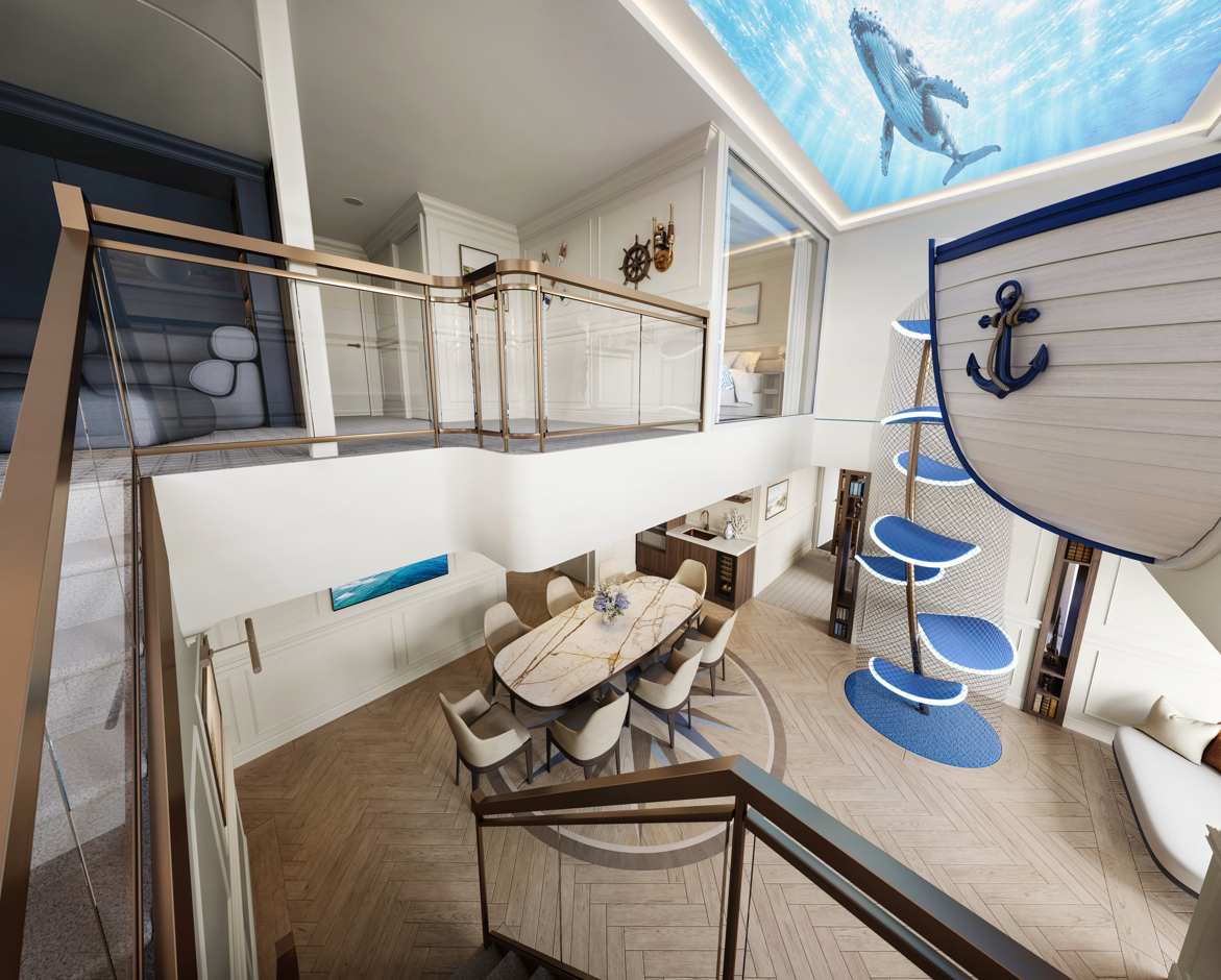 The image showcases a luxurious interior of a grand yacht. It features a spacious dining area, elegant design elements, and a ceiling mural depicting marine life, enhancing the nautical theme.