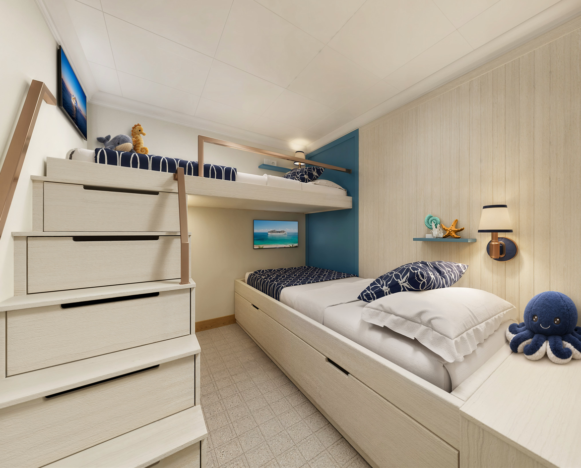 The image depicts a cozy and modern children's bedroom with a bunk bed design and nautical-themed decor. The room features a light color palette and playful accents, creating a welcoming atmosphere for young guests.