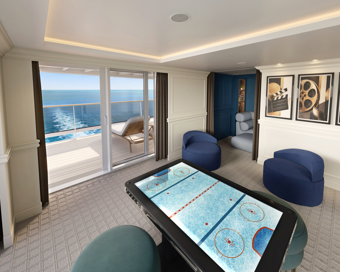 The image showcases an elegant cabin interior of a luxury yacht, featuring a game table with an air hockey surface. Large windows provide a stunning ocean view, and stylish, comfortable seating complements the upscale atmosphere.