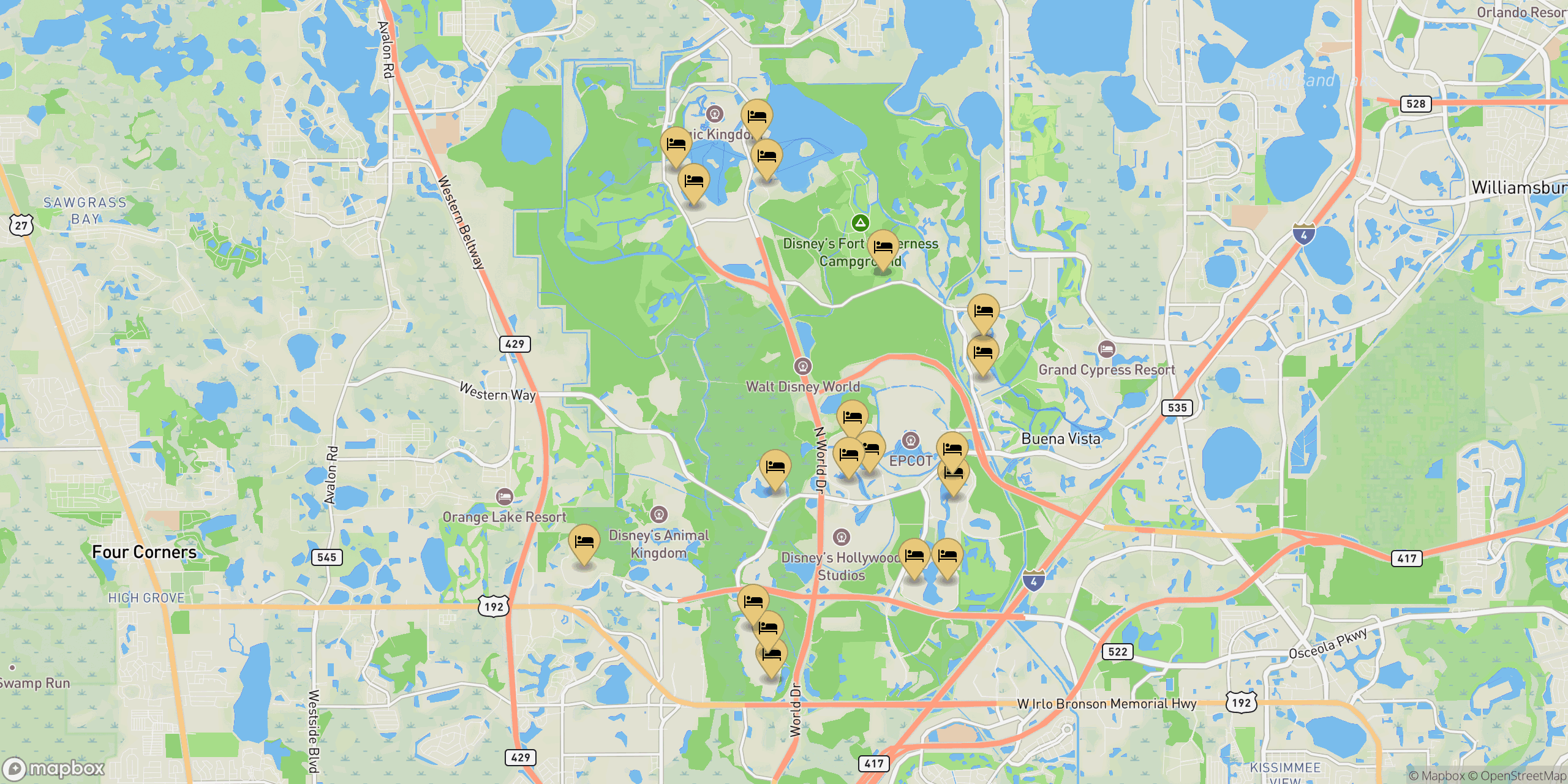 Map showing resorts and hotels in Disney World