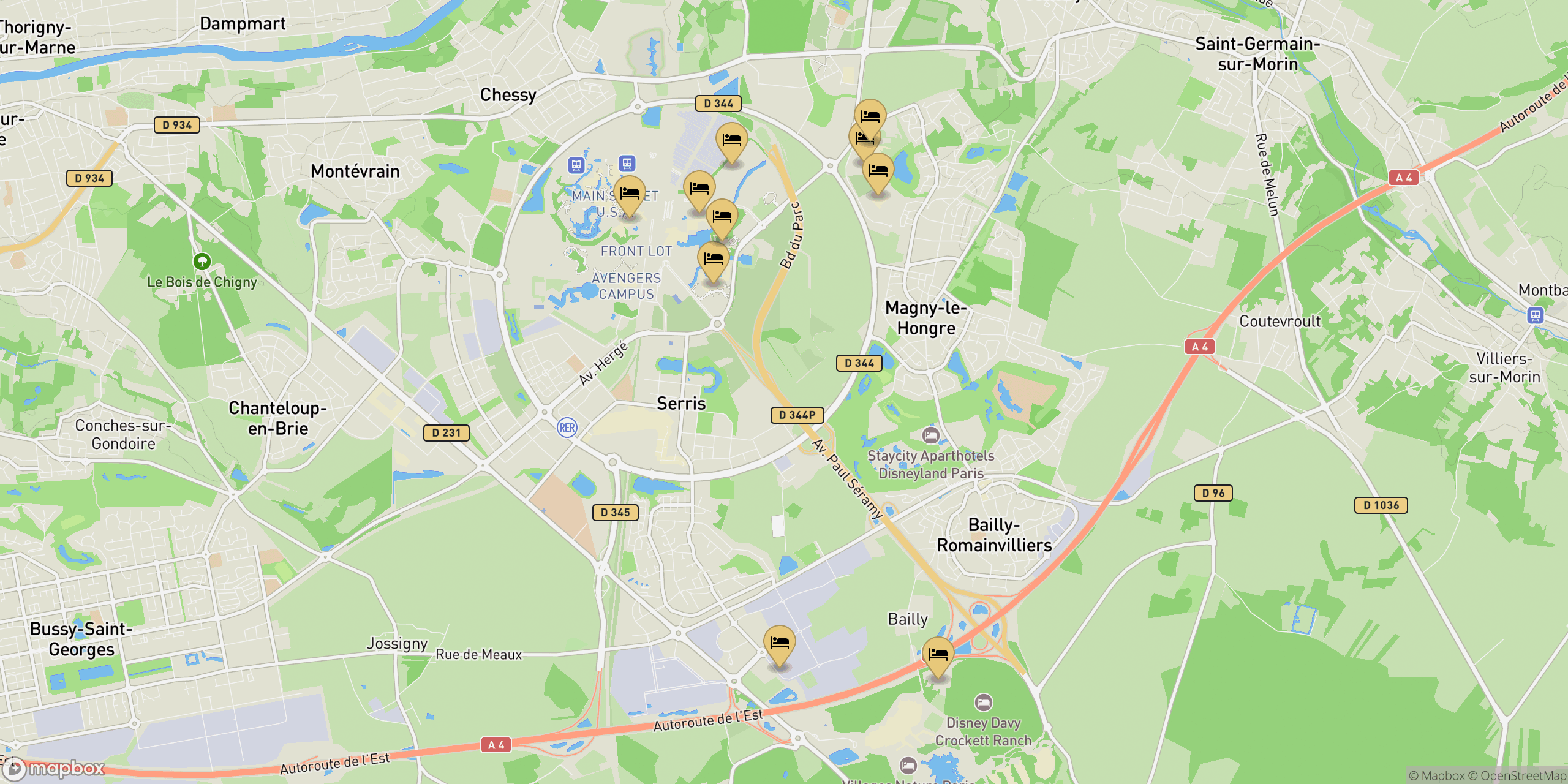 Map showing resorts and hotels in Disneyland Paris