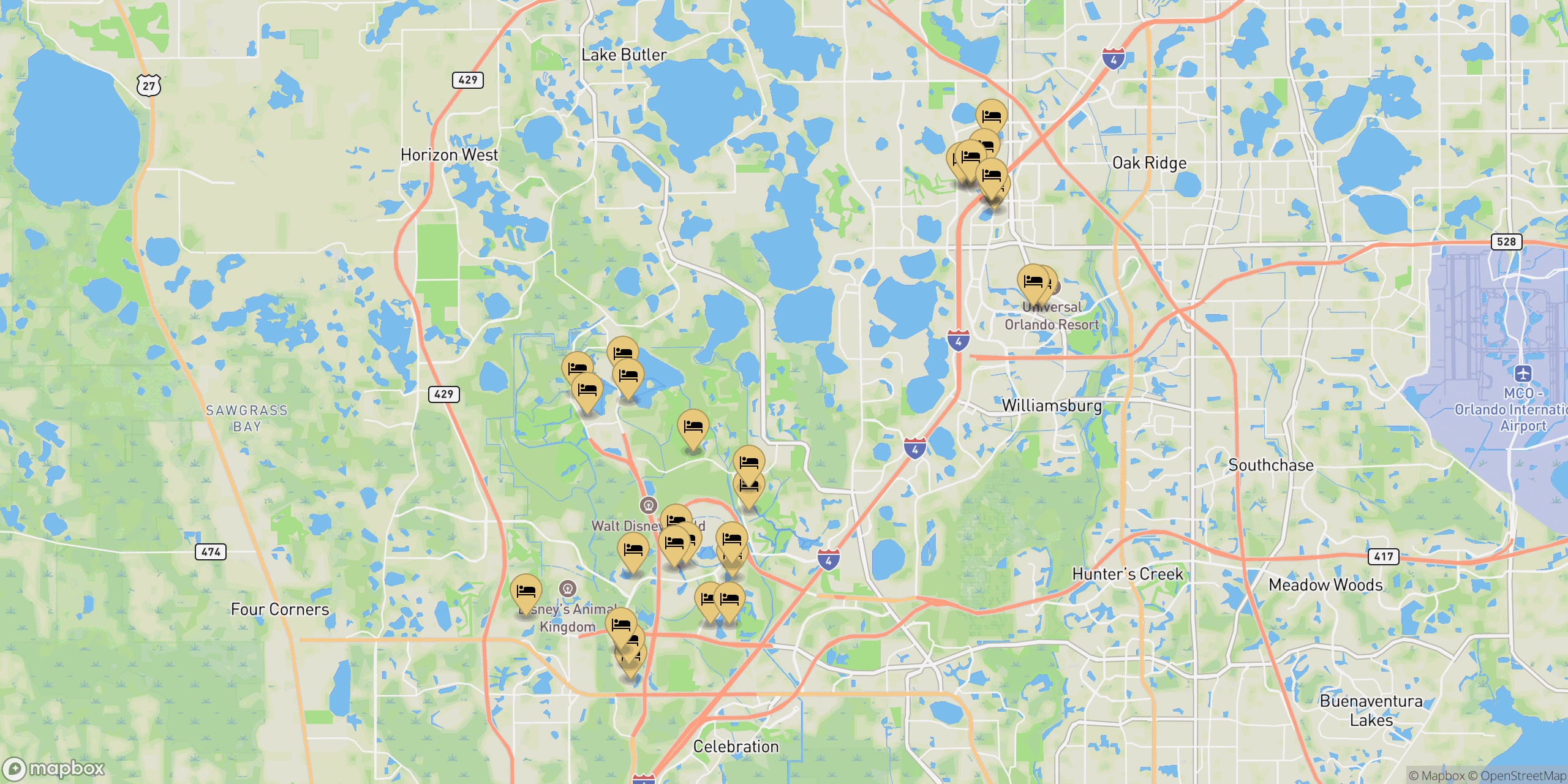 Map showing resorts and hotels in Orlando