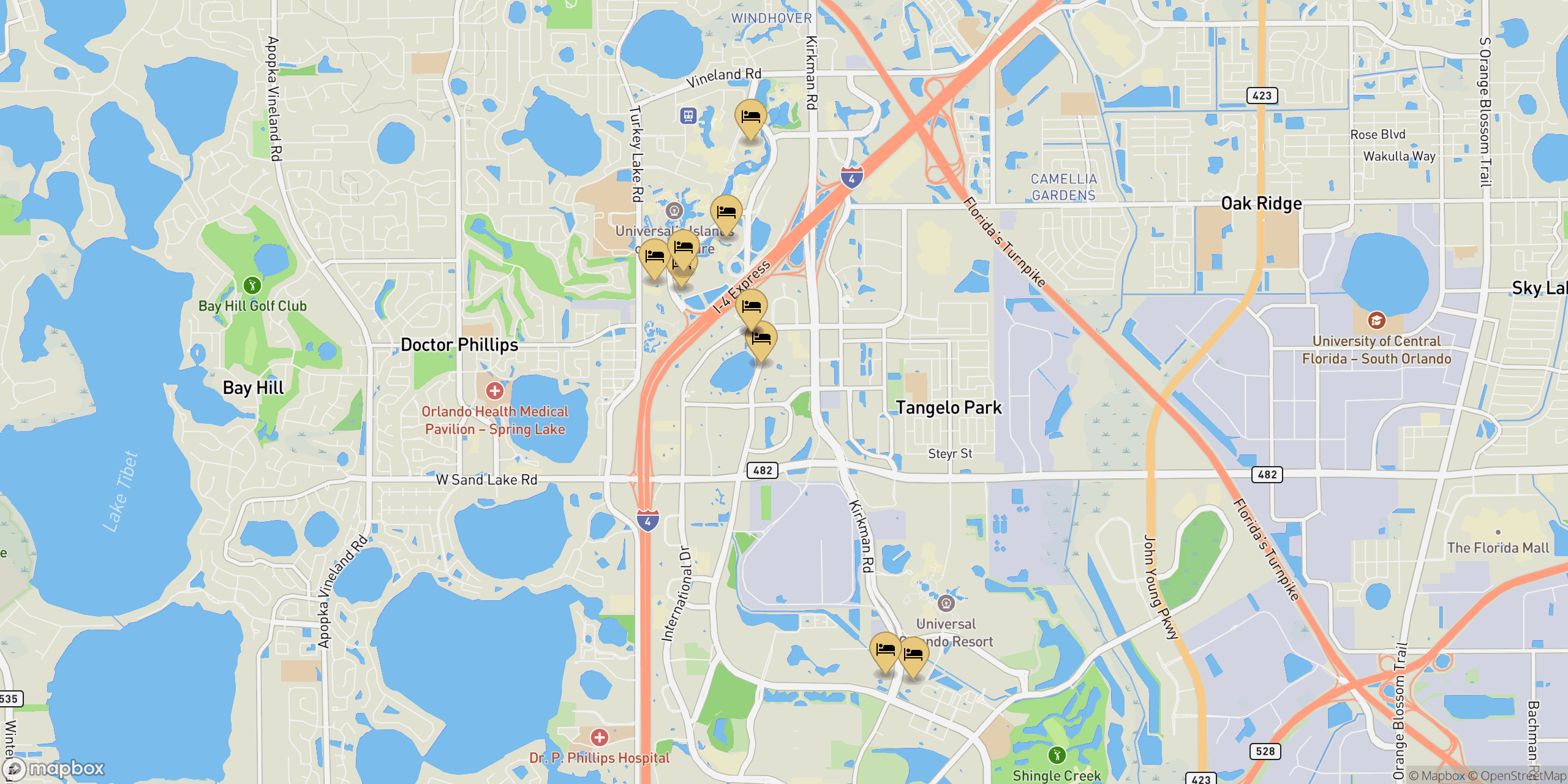 Map showing resorts and hotels in Universal Orlando