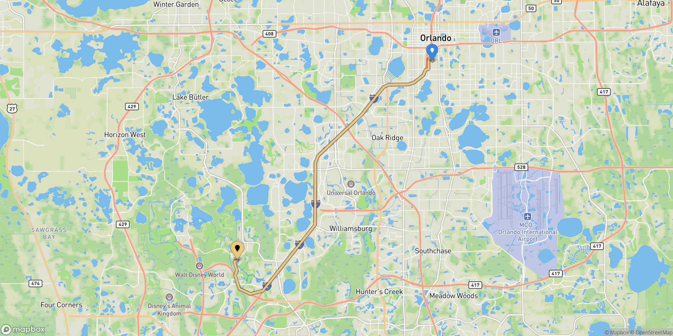 Route map: Amtrak to Disney's Port Orleans Resort - Riverside