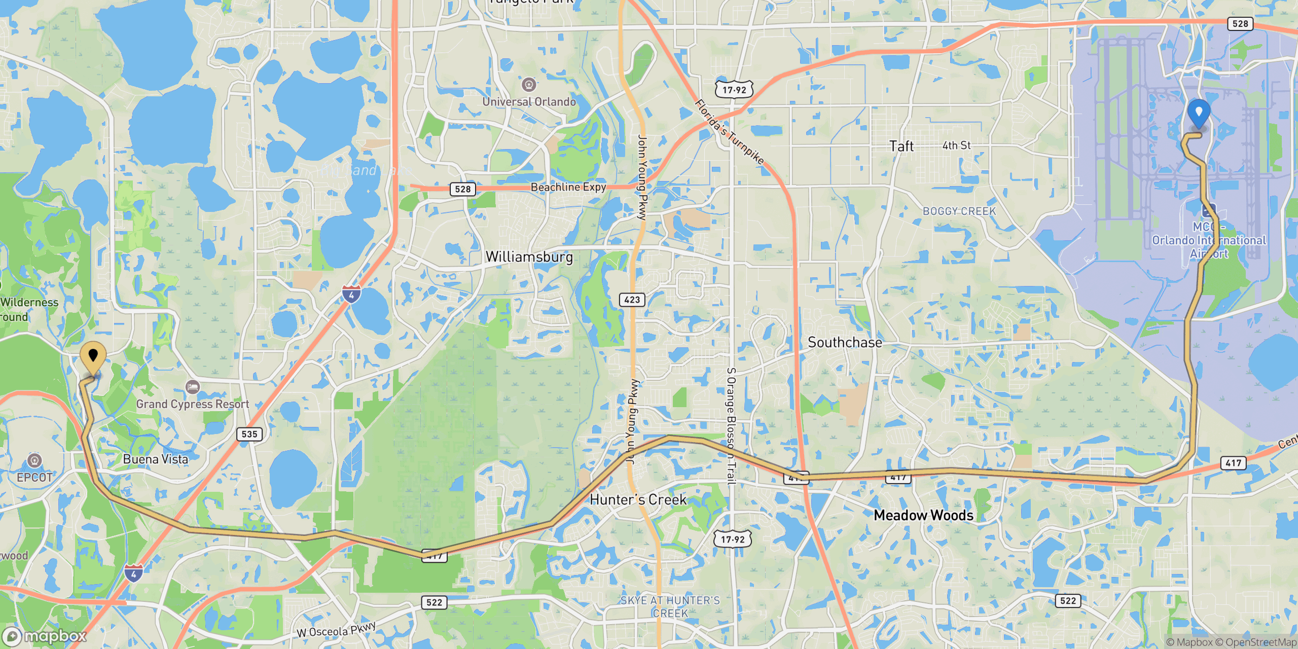Route map: Orlando International Airport to Disney's Port Orleans Resort - Riverside