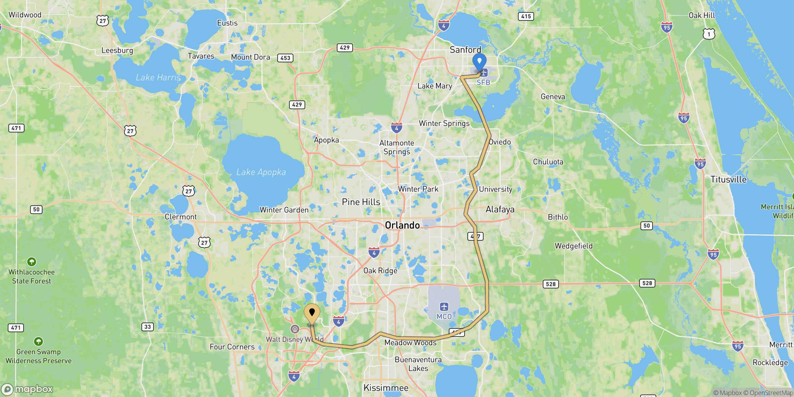 Route map: Orlando Sanford International Airport to Disney's Port Orleans Resort - Riverside