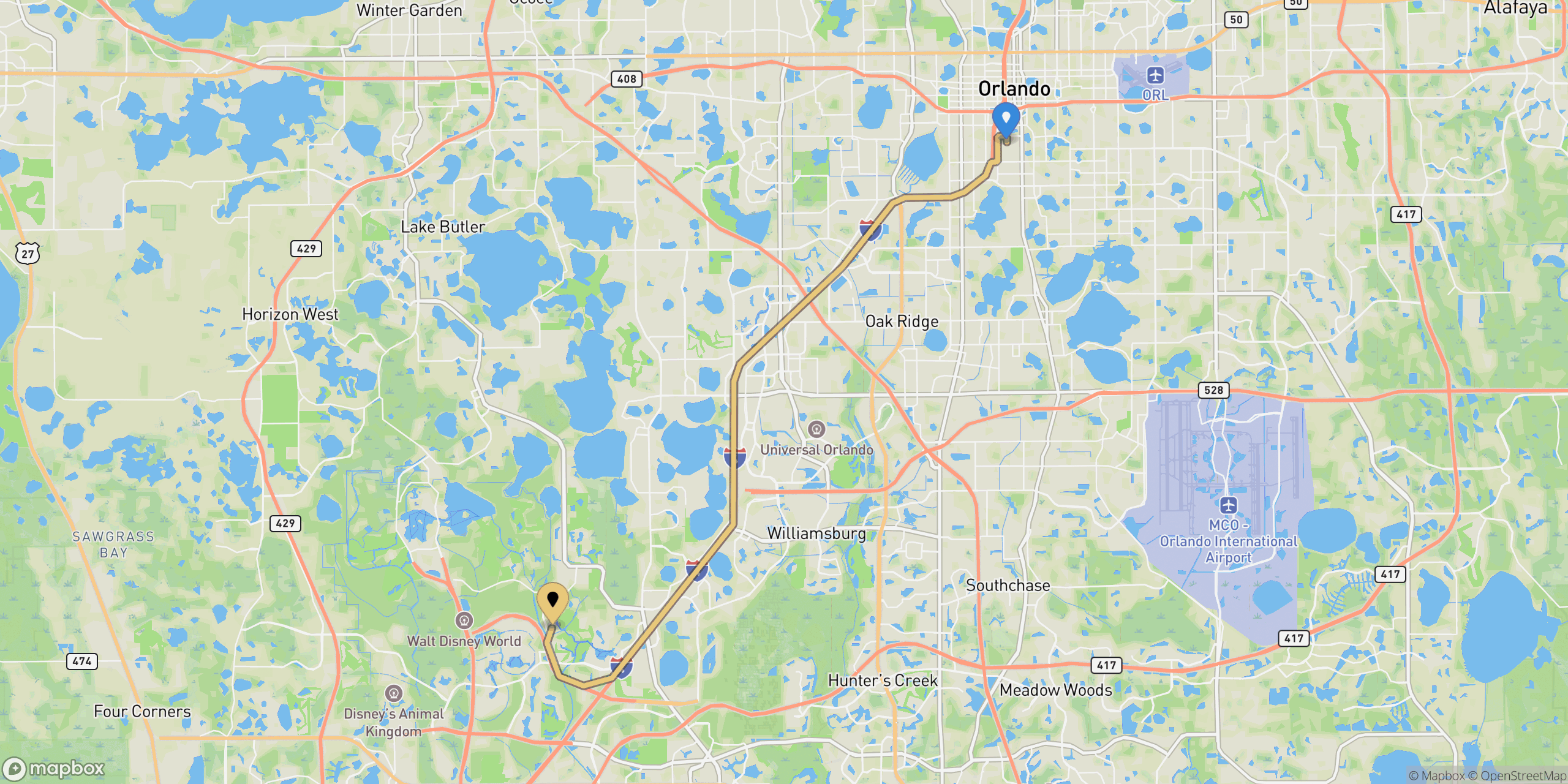 Route map: Amtrak to Disney's Port Orleans Resort - French Quarter
