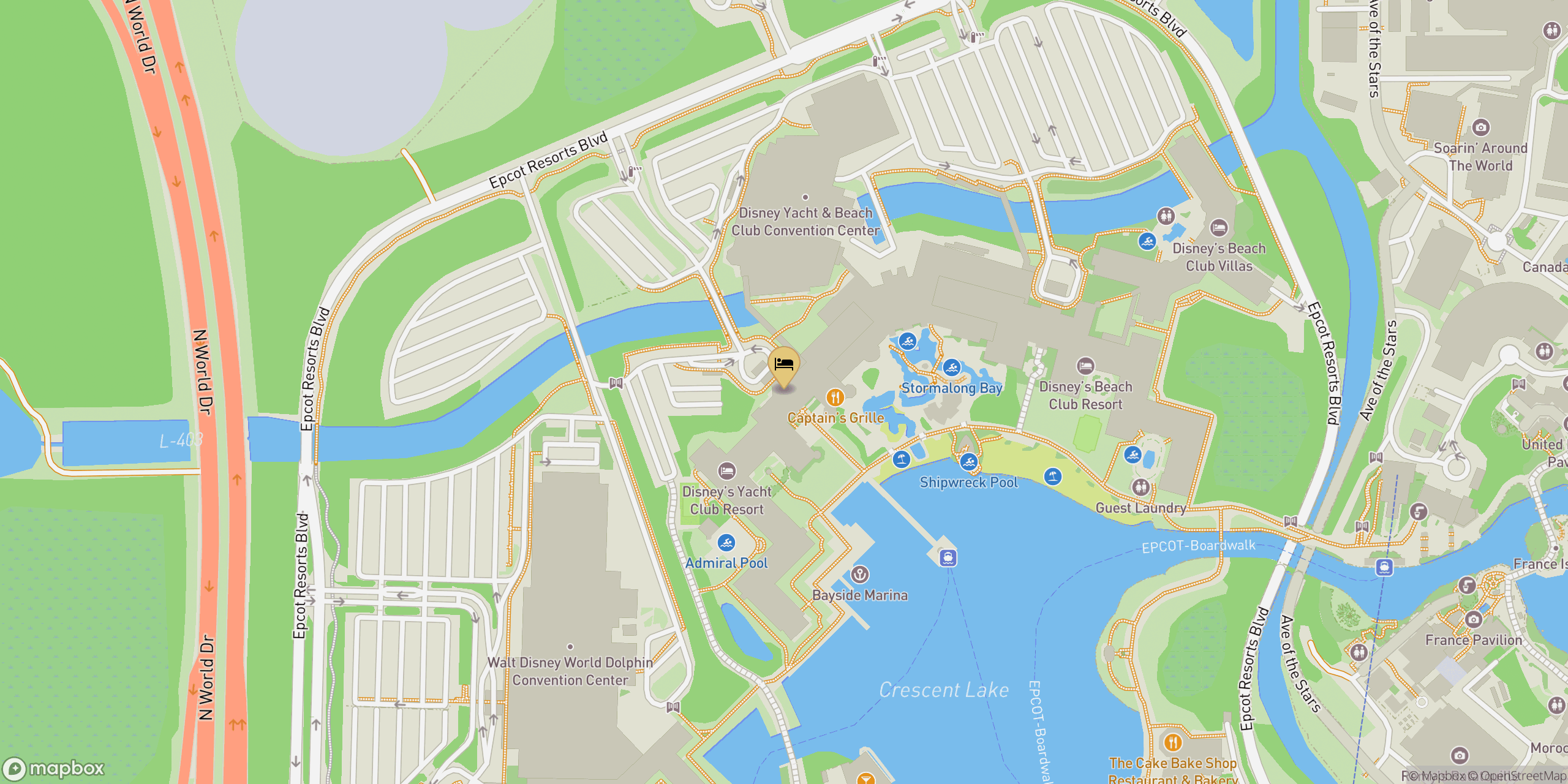 Map showing location of Beach Club & Yacht Club Resorts
